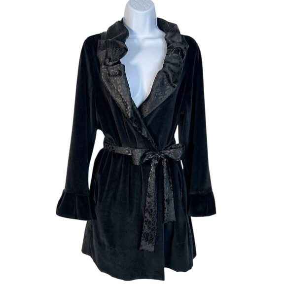 Betsey Johnson Intimates Velour Short Robe Leopard Satin Trim Black Medium